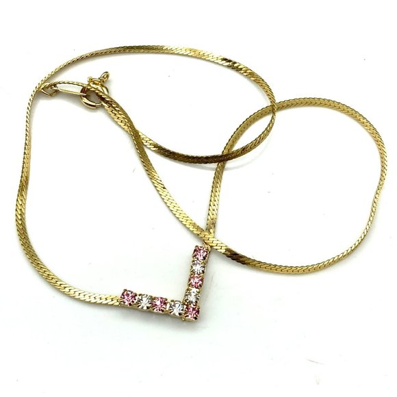 Flat Chain V Necklace with Pink and Clear Round Crystals, Vintage Chevron Choker - Picture 2 of 4